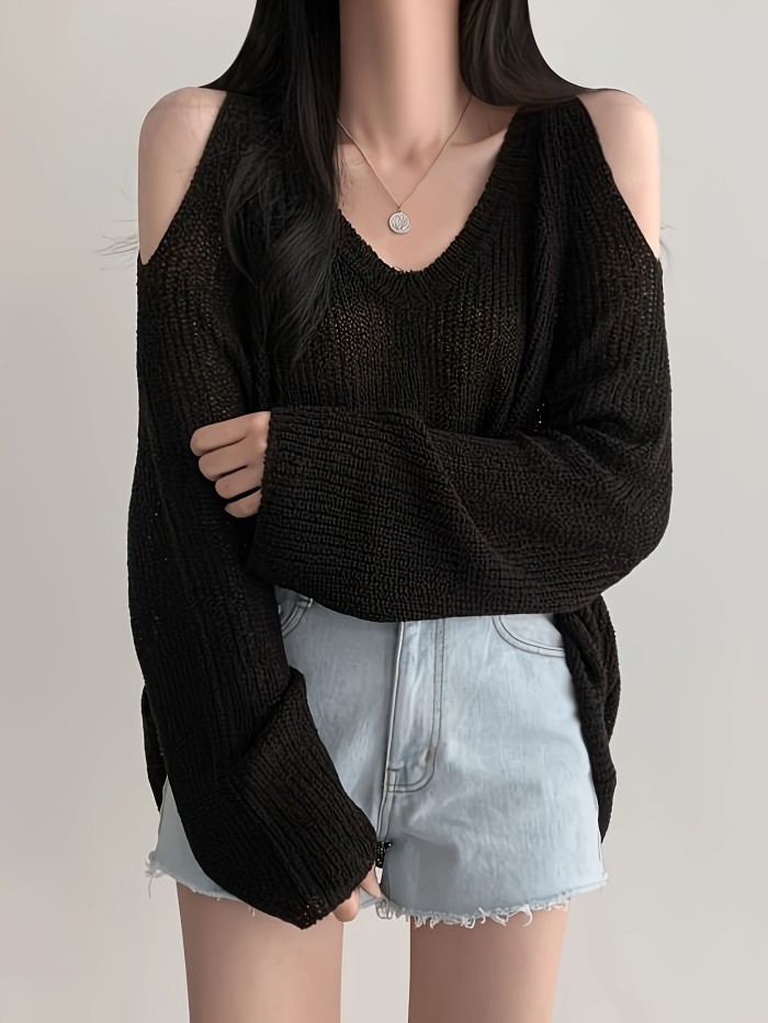 Y2K Long Sleeve Solid Color V Neck Pullover Sweater, Cut Out Knitted For Spring & Summer, Women's Clothing