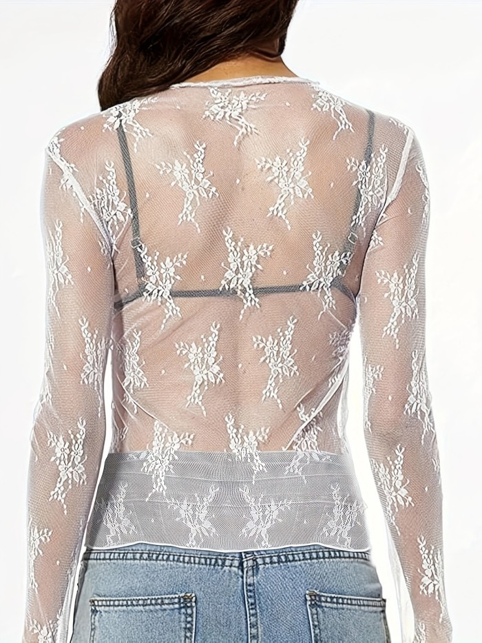 Mesh Mock Neck Sheer Top, Sexy Long Sleeve Slim Top For Spring & Summer - Women's Clothing - Breathable Mesh Fabric - For Women - Perfect for Casual & Party Occasions - Ideal Gift for Fashionable Women
