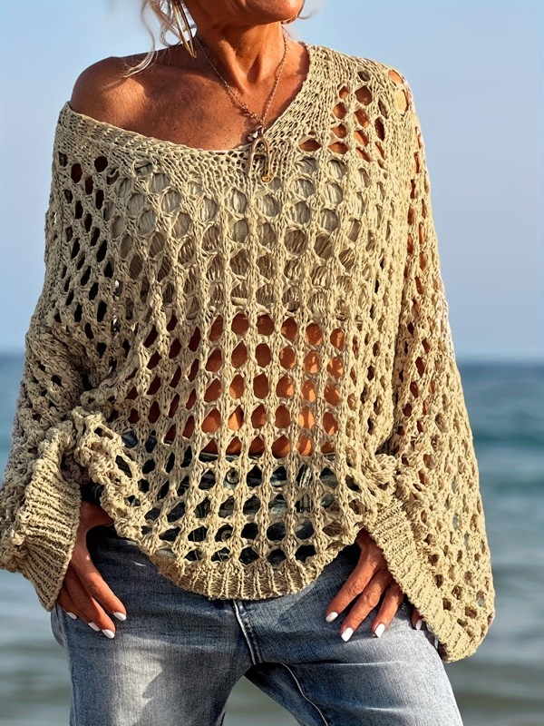 Solid Hollow Out Crochet Coverup, Casual V Neck Long Sleeve Loose Top - Women's Clothing - Crochet Fabric - For Summer & Beach - Suitable for Women - Perfect for Casual Wear & Vacation
