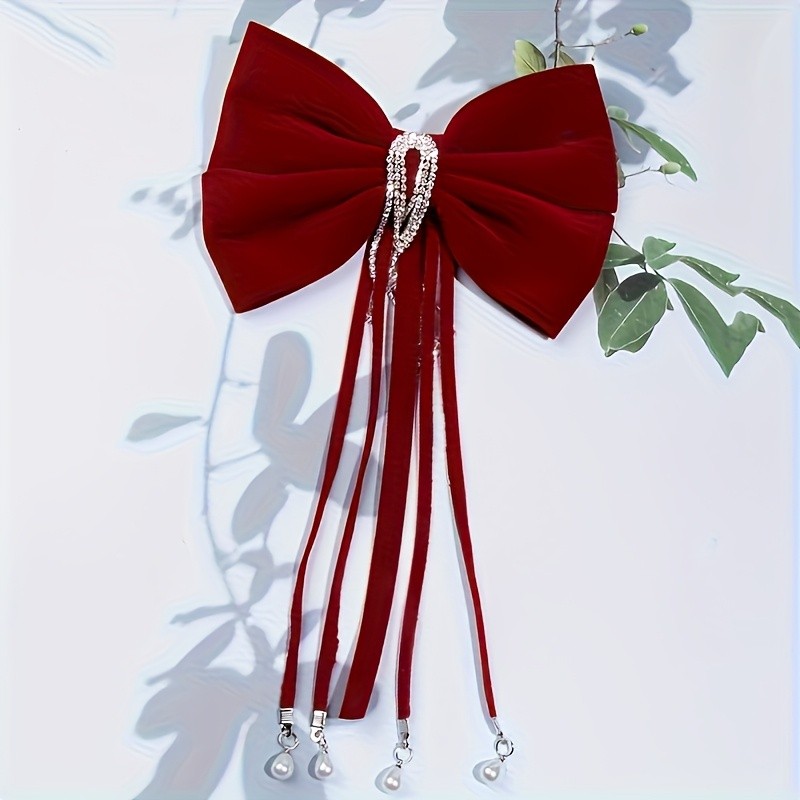 Elegant Velour Bow Tie Hair Clip with Tassel and Imitation Pearls, Solid Color Chinese Style Spring Autumn Hair Accessory, Perfect for Birthday, Wedding, Valentine'S Day, New Year Gift - Single Piece