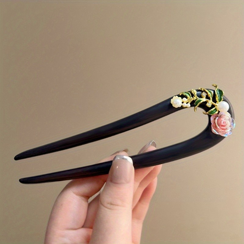 Elegant Wooden U-Shaped Hairpin with Floral Design - 5\