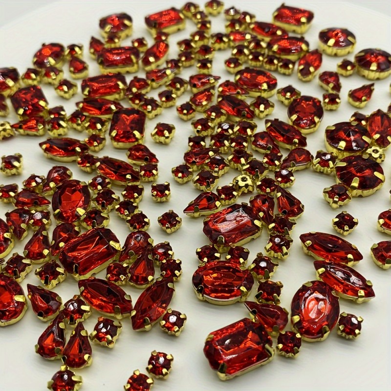 100Pcs Mixed Shape Rhinestones 100Pcs Mixed Shape Burgundy Rhinestones with Golden Claw, Flat Back Acrylic Crystals for Sewing, Embellishing Clothes, Shoes, Dresses, and Jewelry Making DIY Crafts