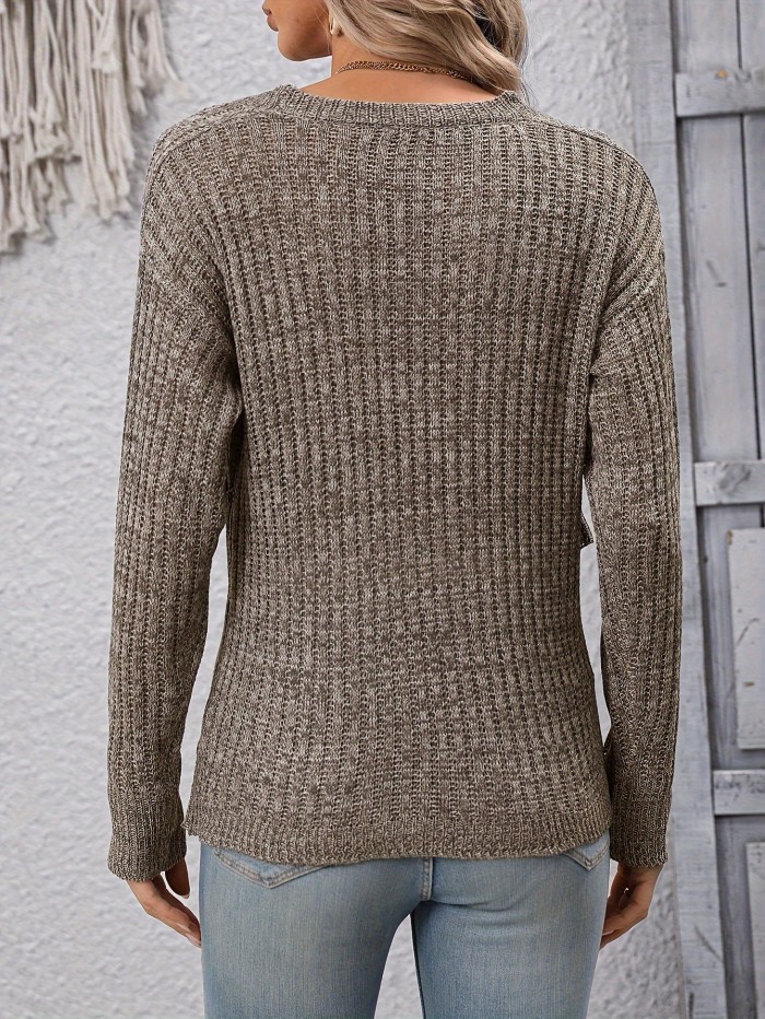Elegant Brown V-Neck Cross-Front Long Sleeve Knit Top - 100% Polyester, Stretchy & Cozy, Perfect for Spring\u002FFall - Women's Chic Pullover