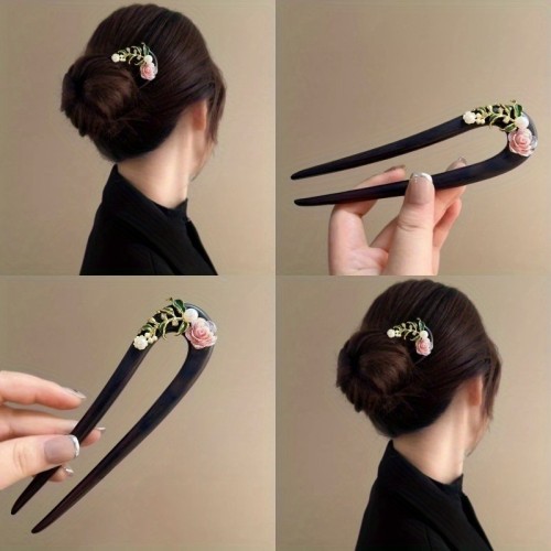 Elegant Wooden U-Shaped Hairpin with Floral Design - 5\