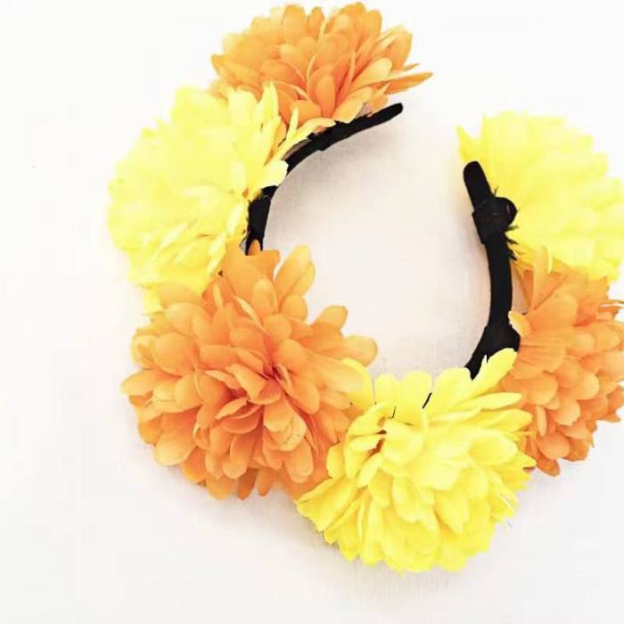 Ansuma Artificial Chrysanthemum Flower Crown Headband, Orange and Yellow Floral Headpiece for Day of the Dead Chrysanthemum Halloween Wedding Festival Cosplay Party (Orange & Yellow)