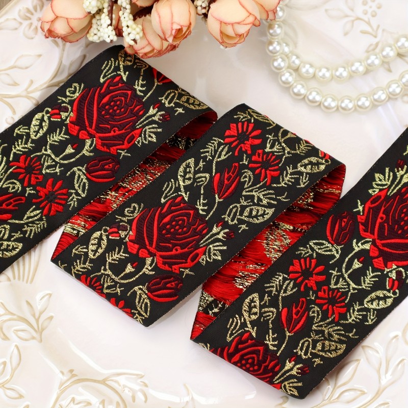 5 Yards of 2-Inch Wide Vintage Embroidered Jacquard Ribbon Lace Trim - Red, Black & Golden Floral Pattern for DIY Clothing, Bags, and Craft Accessories
