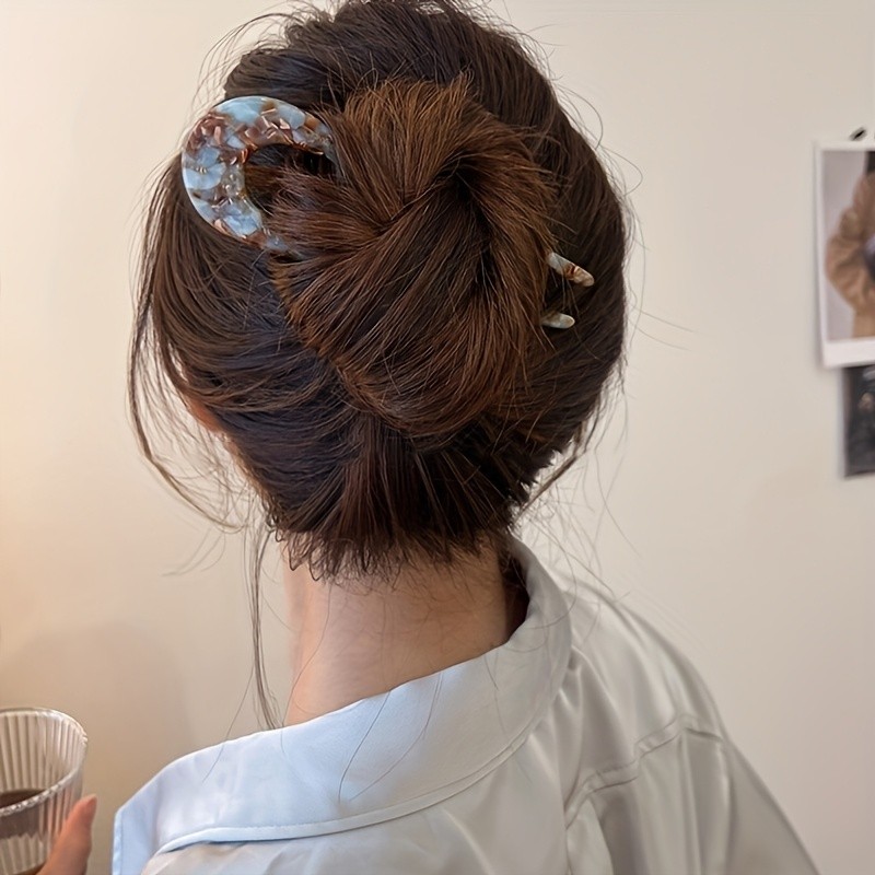 Elegant Vintage U-Shaped Hair Clips - Acetate Resin, Marbled Design in Brown, Green, Beige | Ideal for Buns, Women's Retro Chinese Style Hairpin, Perfect for Weddings & Special Events, Hair Styling Accessory|Vintage Hair Clip|Tortoiseshell Pattern, Cute Hair Clips
