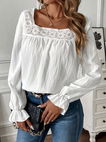 Women'S Casual Square Neck Ruffle Blouse, 100% Polyester Solid Color Woven Shirt, All-Season Fashion Top, 105g\u002Fm² Fabric Weight