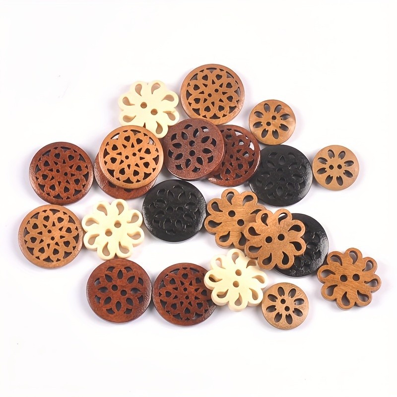 20pcs Wooden Vintage Hollow Buttons, 1.8\u002F2.5cm Flat Back with 2 Holes, Assorted Colors for Sewing, Scrapbooking & DIY Crafts