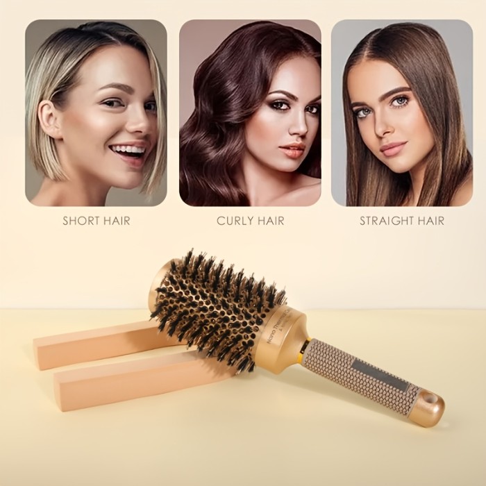 Luxurious Golden Ceramic Aluminum Round Brush for Women - High-Temperature Resistant, Nylon & Bristle Blend for All Hair Types, Big Wave Styling, Hair Comb