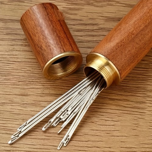 30pcs Self-Threading Needles Set, Assorted Sizes, Wooden Storage Tubes, Easy Insertion for Elderly, Hand Sewing, Quilting, Clothing & Cross Stitch, Light & Dark Brown