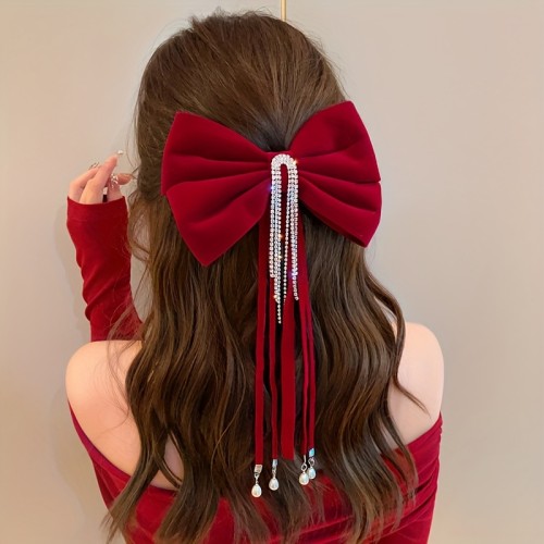 Elegant Velour Bow Tie Hair Clip with Tassel and Imitation Pearls, Solid Color Chinese Style Spring Autumn Hair Accessory, Perfect for Birthday, Wedding, Valentine'S Day, New Year Gift - Single Piece