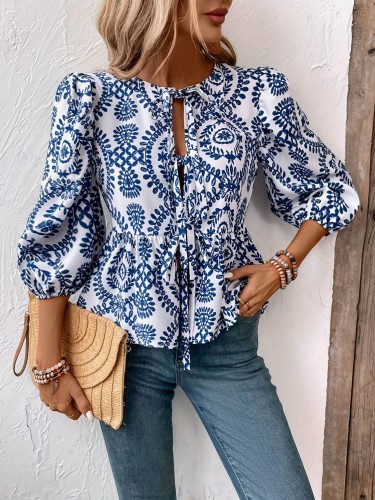 Machine Washable Polyester Print Blouse - Tie-Front Lantern Sleeves, Ruffle Hem - Perfect for Spring\u002FSummer\u002FFall