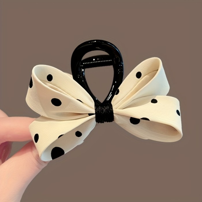 Elegant Black & White Polka Dot Bow Hair Claw - Vintage-Inspired Fabric Shark Clip for Women, Ideal for Date Night & Daily Wear