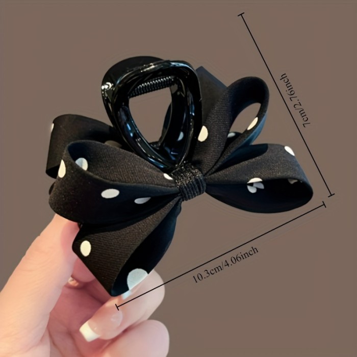 Elegant Black & White Polka Dot Bow Hair Claw - Vintage-Inspired Fabric Shark Clip for Women, Ideal for Date Night & Daily Wear