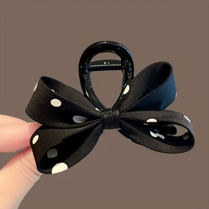 Elegant Black & White Polka Dot Bow Hair Claw - Vintage-Inspired Fabric Shark Clip for Women, Ideal for Date Night & Daily Wear