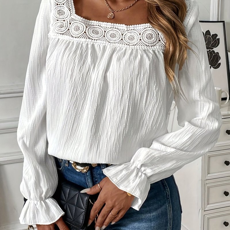 Women'S Casual Square Neck Ruffle Blouse, 100% Polyester Solid Color Woven Shirt, All-Season Fashion Top, 105g\u002Fm² Fabric Weight