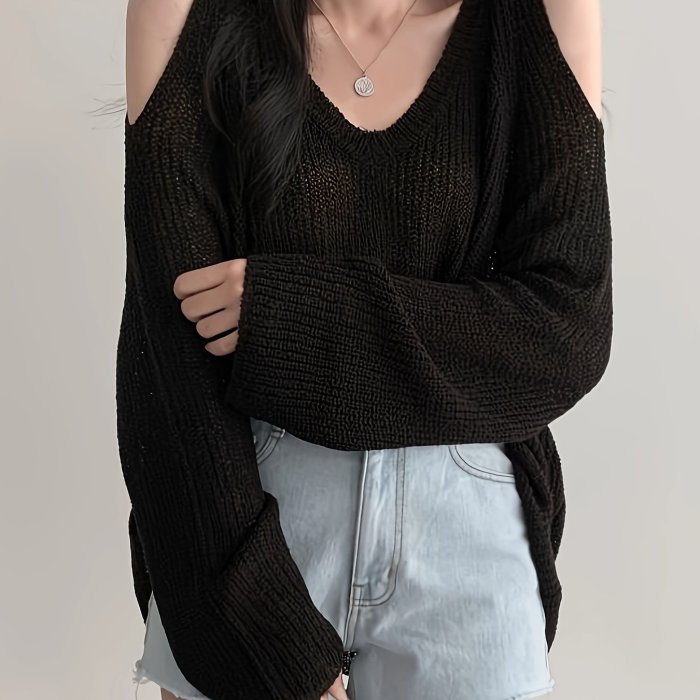 Y2K Long Sleeve Solid Color V Neck Pullover Sweater, Cut Out Knitted For Spring & Summer, Women's Clothing