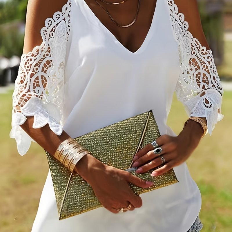 Directed Opening Single Color V-Neck Lace Splicing Exposed Shoulder Sexy Outerwear Women's Shirt