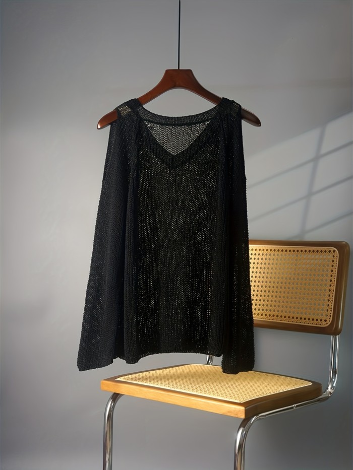 Y2K Long Sleeve Solid Color V Neck Pullover Sweater, Cut Out Knitted For Spring & Summer, Women's Clothing