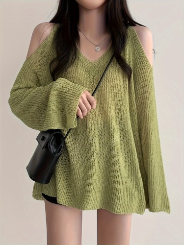 Y2K Long Sleeve Solid Color V Neck Pullover Sweater, Cut Out Knitted For Spring & Summer, Women's Clothing