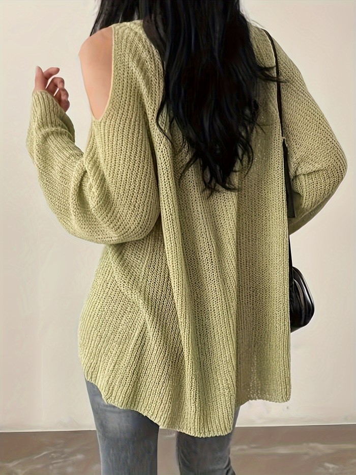 Y2K Long Sleeve Solid Color V Neck Pullover Sweater, Cut Out Knitted For Spring & Summer, Women's Clothing