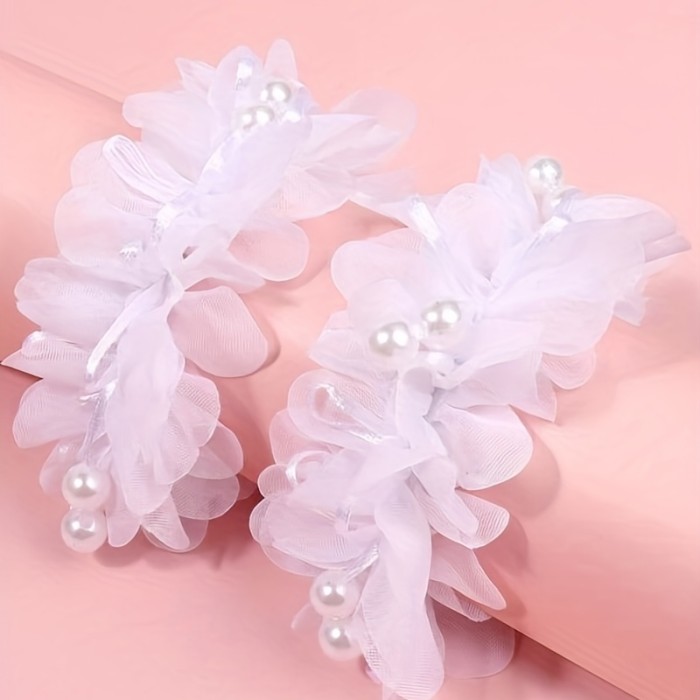 2pcs Toddler Girls Faux Pearl Flowers Decor Hair Tie -  Cute & Elegant Design - For Little Girls - Perfect for Everyday Wear & Special Occasions - Ideal Gift for Birthdays & Holidays