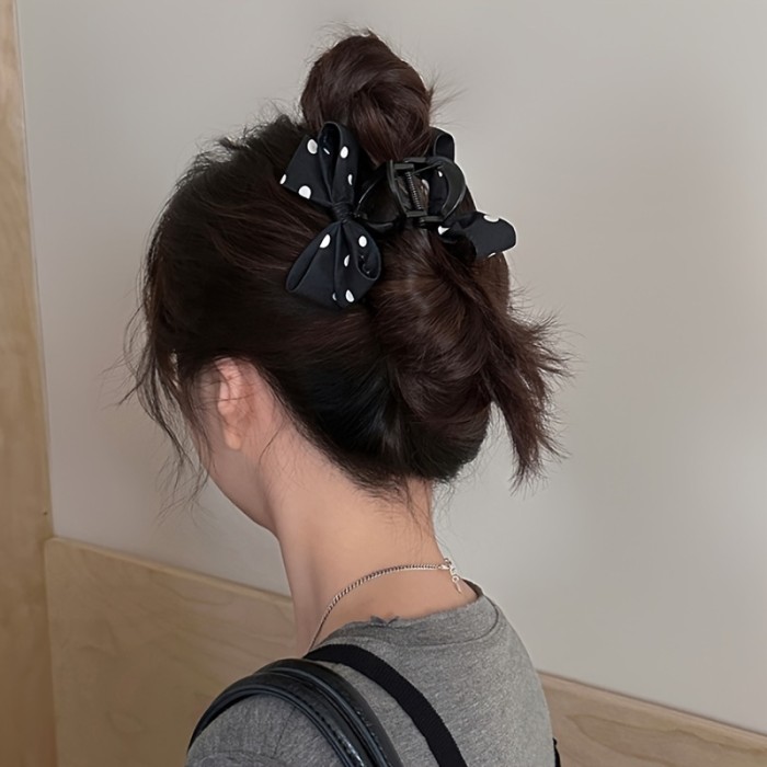 Elegant Black & White Polka Dot Bow Hair Claw - Vintage-Inspired Fabric Shark Clip for Women, Ideal for Date Night & Daily Wear