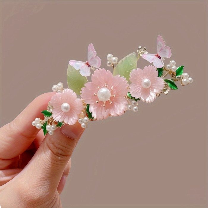 1pc Delicate Chinese Traditional Style Elegant Hair Accessory with Flowers And Butterflies - Perfect for Valentine'S Day New Year'S Eve Party!