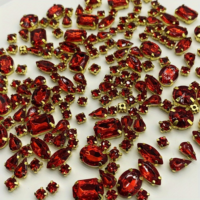 100Pcs Mixed Shape Rhinestones 100Pcs Mixed Shape Burgundy Rhinestones with Golden Claw, Flat Back Acrylic Crystals for Sewing, Embellishing Clothes, Shoes, Dresses, and Jewelry Making DIY Crafts