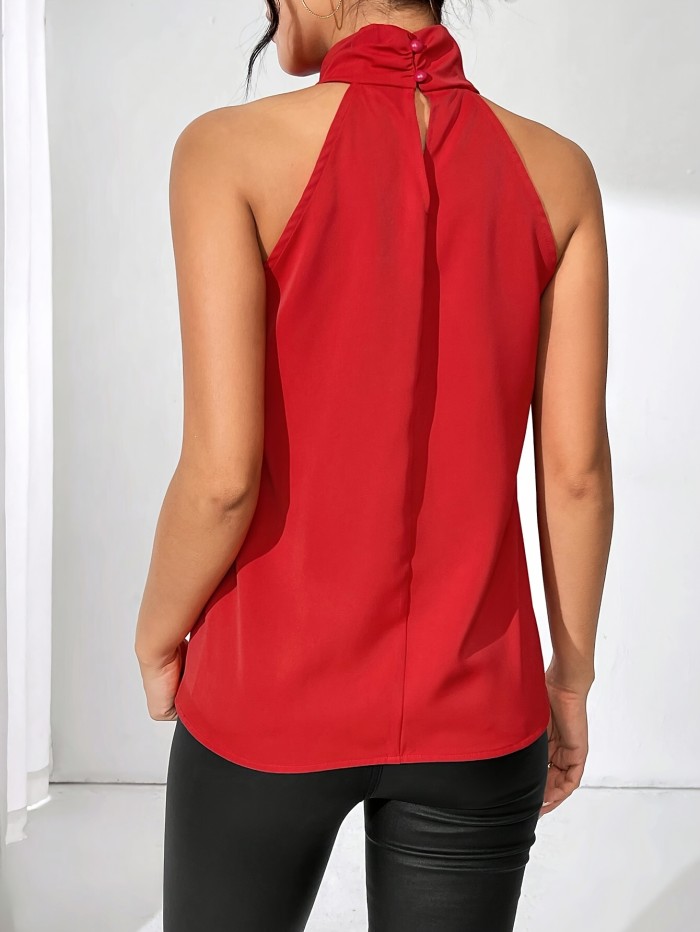 Elegant Red Sleeveless Blouse with 3D Floral Ruffle Hem - Chic Mock Neck, Polyester, Semi-Sheer for Spring\u002FSummer Events