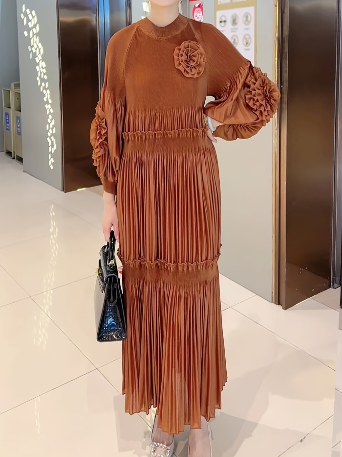 1pc Elegant 3D Floral Embroidery Dress 1pc Elegant Plus Size Long Dress with 3D Floral Embroidery, Polyester Round Neck A-Line Ruffle Dress, High Stretchability, Solid Color, All Seasons, Casual Outing Style, No Padded, Pullover Design, 100g\u002Fm² Lining Weight