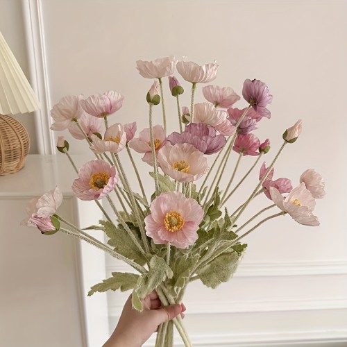 Charming Pink Iceland Poppy Artificial Flower Bouquet - Perfect for Valentine's Day, Home & Living Room Decor