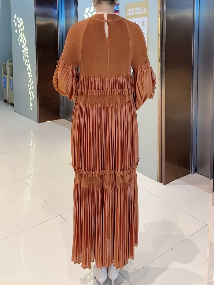 1pc Elegant 3D Floral Embroidery Dress 1pc Elegant Plus Size Long Dress with 3D Floral Embroidery, Polyester Round Neck A-Line Ruffle Dress, High Stretchability, Solid Color, All Seasons, Casual Outing Style, No Padded, Pullover Design, 100g\u002Fm² Lining Weight