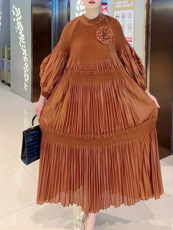 1pc Elegant 3D Floral Embroidery Dress 1pc Elegant Plus Size Long Dress with 3D Floral Embroidery, Polyester Round Neck A-Line Ruffle Dress, High Stretchability, Solid Color, All Seasons, Casual Outing Style, No Padded, Pullover Design, 100g\u002Fm² Lining Weight