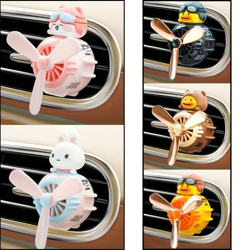 Adorable Rotating Pilot Duck Car Air Freshener - Vent Mounted Car Diffuser with Cartoon Propeller Fan - Creative Car Perfume Decoration for Air Vents with Fresh Fragrance and Adjustable Arm