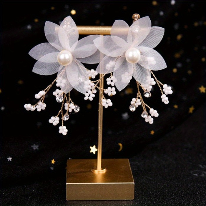 Women Floral Beaded Pearl Bridal Headband Bohemian Headpiece Hair Vine Flower Wedding Hair Accessories Bridal Fairy Hair Hoop Hairband With Dangle Earrings Set