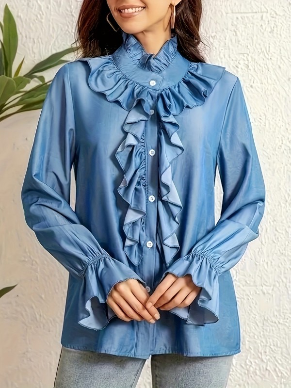 Women'S Elegant Ruffle Stand Collar Shirt, 100% Polyester Woven, Solid Color, Lightweight 180g\u002Fm² Fabric, Spring\u002FSummer\u002FFall Apparel