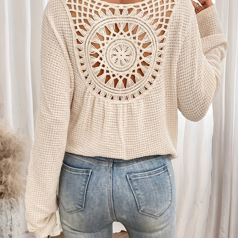 Women'S Elegant V-Neck Long Sleeve T-Shirt with Contrast Lace Detail, Polyester Knit Fabric, Solid Color, Regular Length, Spring\u002FSummer\u002FFall Top
