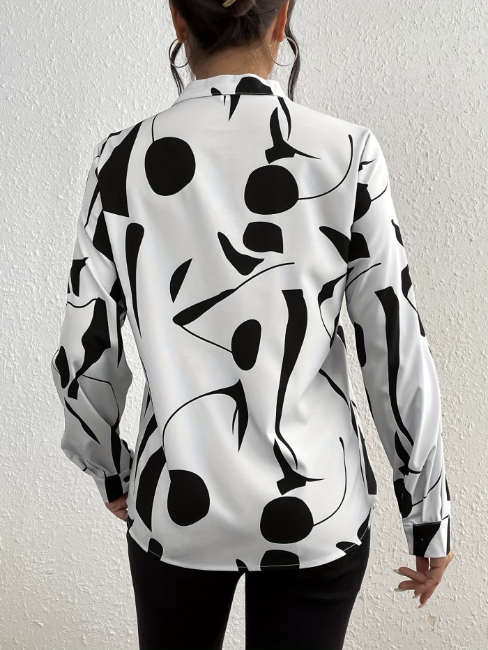 Elegant Green V-Neck Blouse with Black Geometric Patterns - Long Sleeve, Polyester, Machine Washable - Ideal for Spring\u002FSummer\u002FFall Fashion