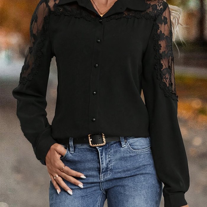 1pc Elegant Women'S Long Sleeve Shirt with Contrast Lace Trim, Polyester 100%, Solid Color, Lapel Collar, Woven Spring\u002FFall Chic Shirting