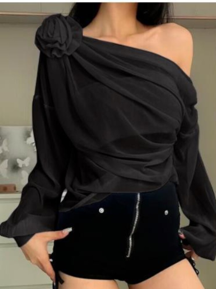 Women's Chic Off-Shoulder Long Sleeve T-Shirt with 3D Floral Detail - Solid Black, Sheer Mesh Overlay, Casual Streetwear Top for Spring and Fall