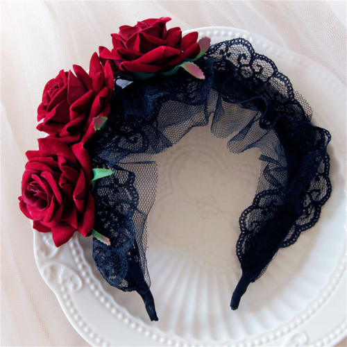 Everyday Elegance Elegant Floral Lace Headband for Women - Stretchy Gothic Hair Hoop with Vintage Rose Design, Black Lace & Red Roses, Perfect for Hairstyling and Accessories, Hair Styling Accessory | Vintage Hairpiece | Stretchy Lace Band
