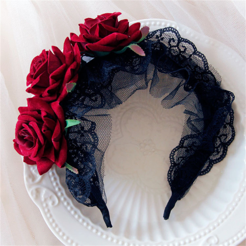 Everyday Elegance Elegant Floral Lace Headband for Women - Stretchy Gothic Hair Hoop with Vintage Rose Design, Black Lace & Red Roses, Perfect for Hairstyling and Accessories, Hair Styling Accessory | Vintage Hairpiece | Stretchy Lace Band