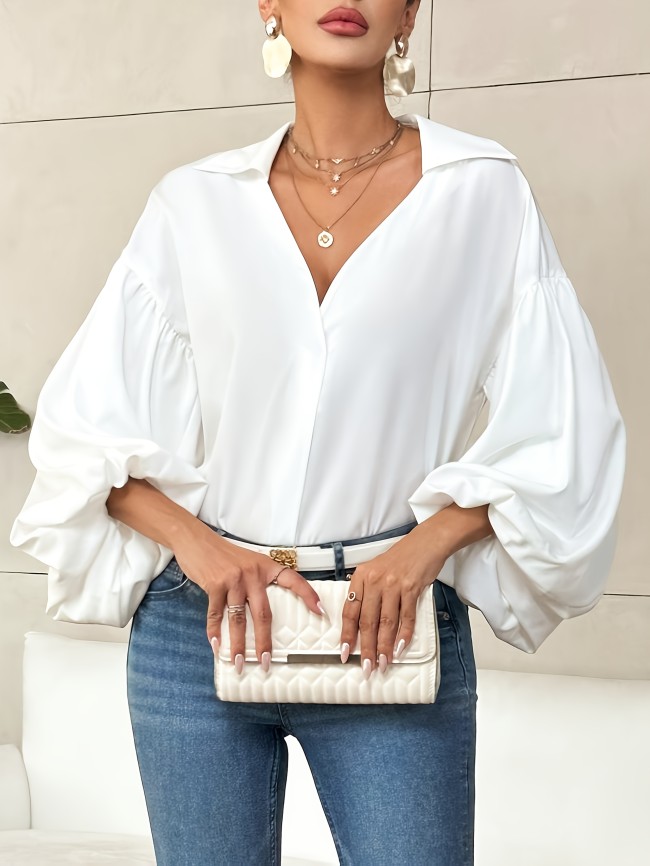 Vibrant Solid Color Blouse - Elegant Lantern Sleeve, Drop Shoulder, Loose Fit, Simple Design, Perfect for Spring & Fall, Women'S Clothing, Daily Wear, Casual Style