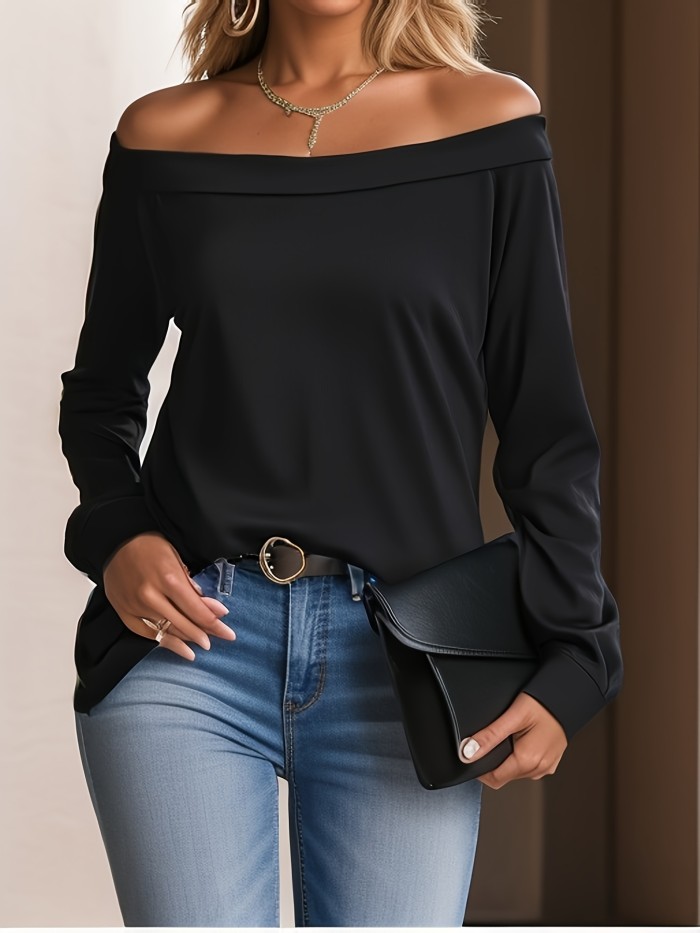 Solid Color Off Shoulder Stylish T-shirt, Casual Long Sleeve Top For Spring & Fall, Women's Clothing