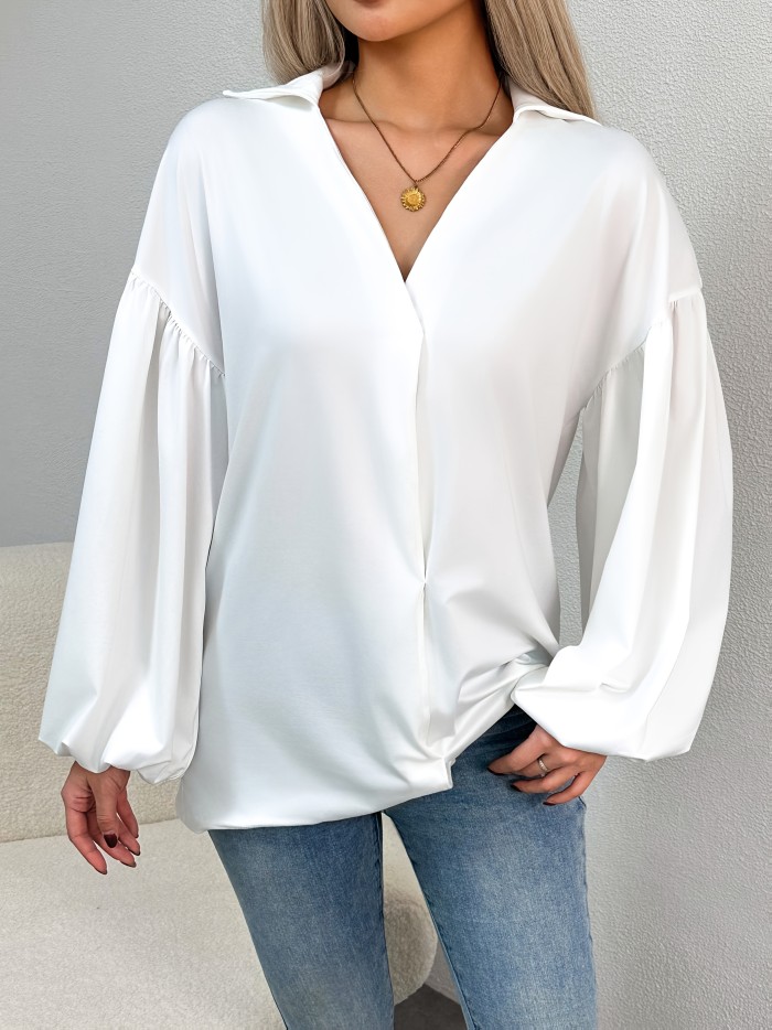Vibrant Solid Color Blouse - Elegant Lantern Sleeve, Drop Shoulder, Loose Fit, Simple Design, Perfect for Spring & Fall, Women'S Clothing, Daily Wear, Casual Style
