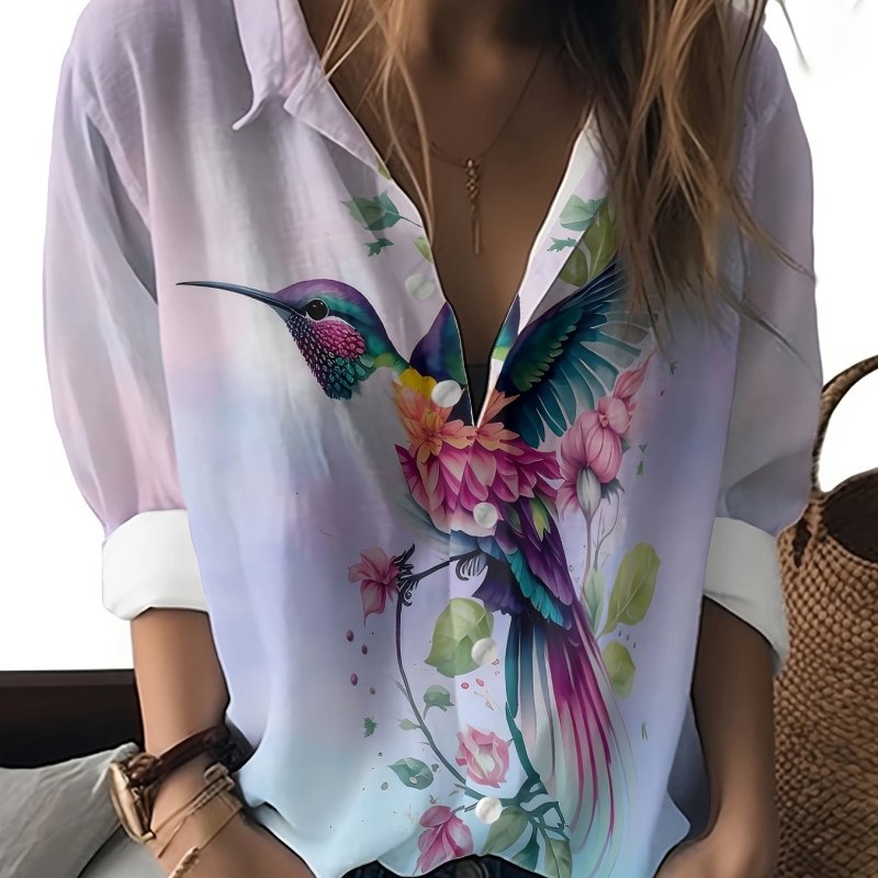 1pc Women'S Casual Long Sleeve Polyester Blend V-Neck Printed Blouse, Spring\u002FAutumn Fashion Top with Vibrant Floral and Hummingbird Design