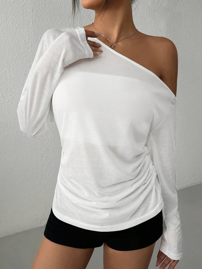 Women'S Elegant Asymmetrical Neck Solid Color Long Sleeve T-Shirt, Polyester Blend Knit Fabric, Medium Stretch, with Strapless Detail, for Spring\u002FSummer\u002FFall