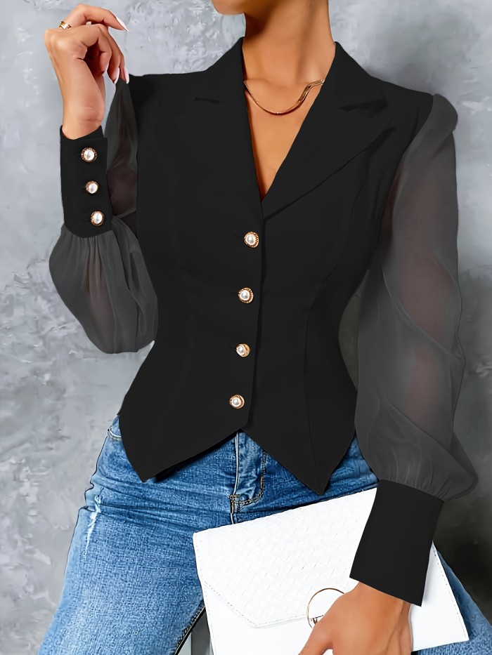 Elegant Women's Long Sleeve Blouse with Lapel Collar - Solid Color, Button Detail, Machine Washable